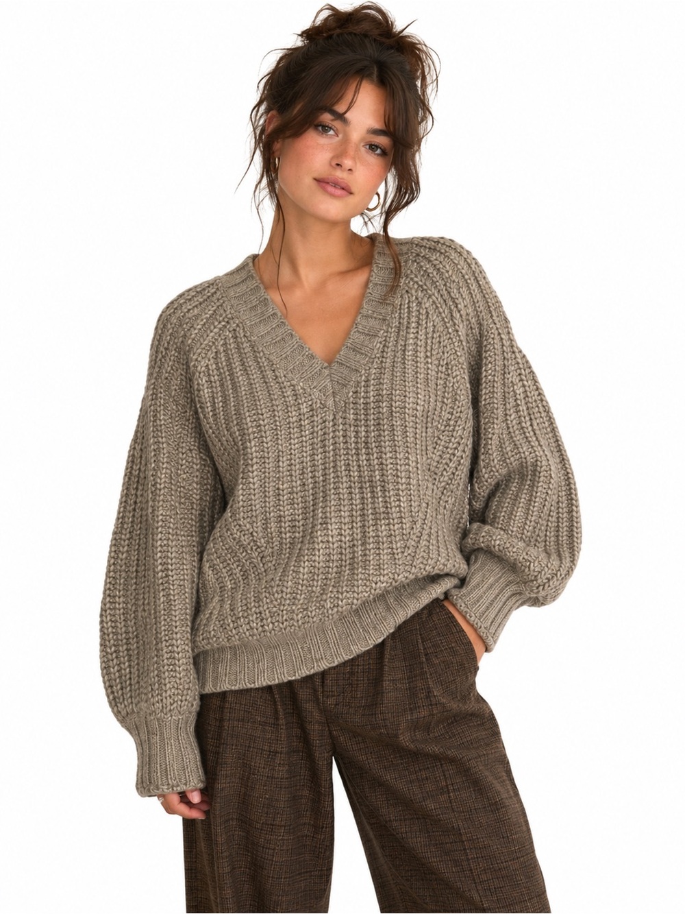 American Eagle Chunky Oversized Grey Oatmeal Knit V-Neck Sweater Grandpacore